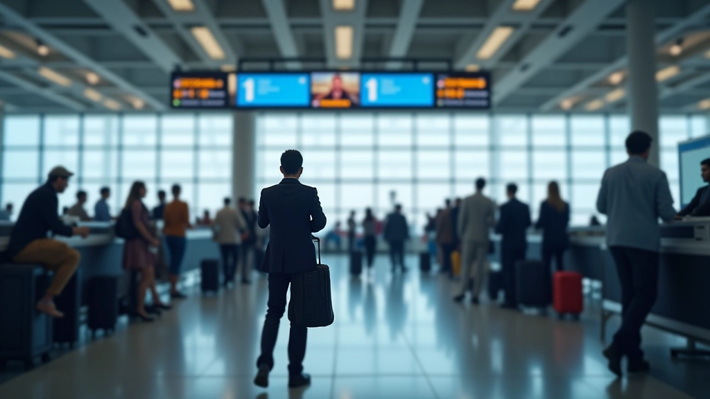 Balcão de check-in de aeroporto com passageiros e sinalizações em inglês