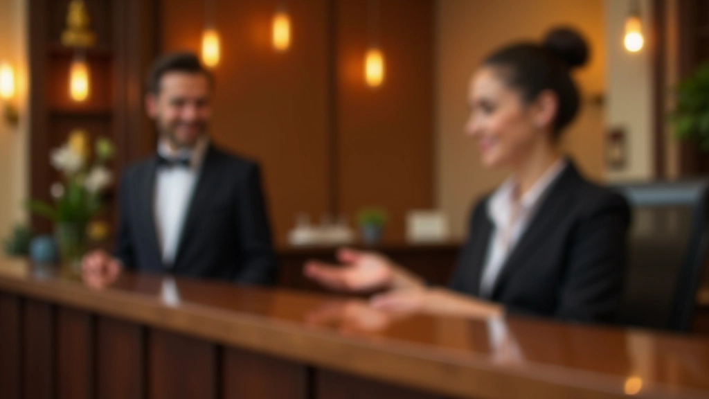 Recepção de hotel com balcão elegante e funcionário atendendo hóspede