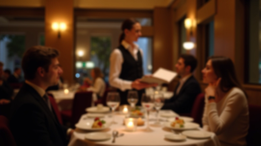 Restaurante aconchegante com garçom apresentando o menu a casal