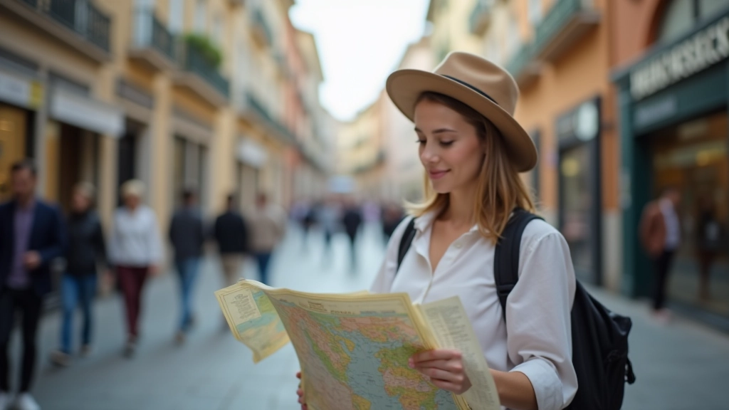 Turista com mapa em cidade anglófona, consultando informações de viagem